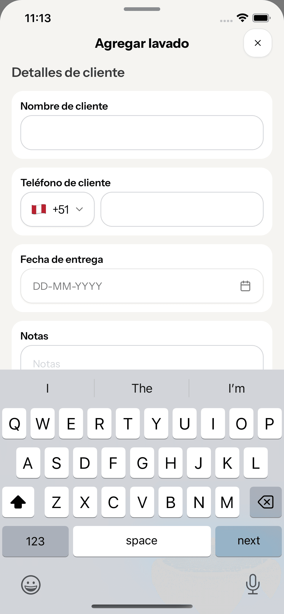 Formulario para agregar un lavado: nombre, teléfono y fecha de entrega