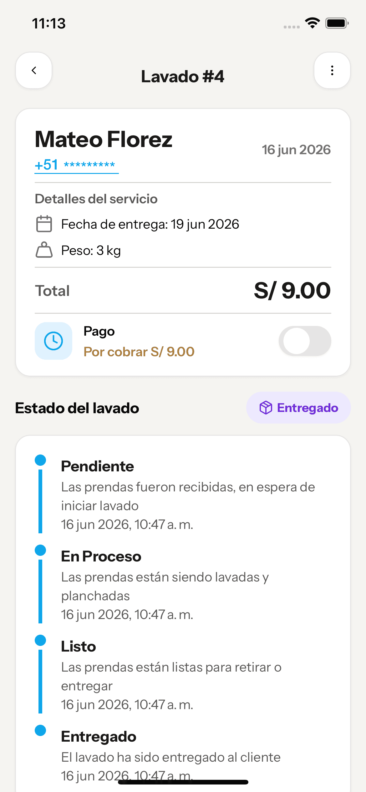 Detalle de un lavado entregado con su línea de tiempo completa