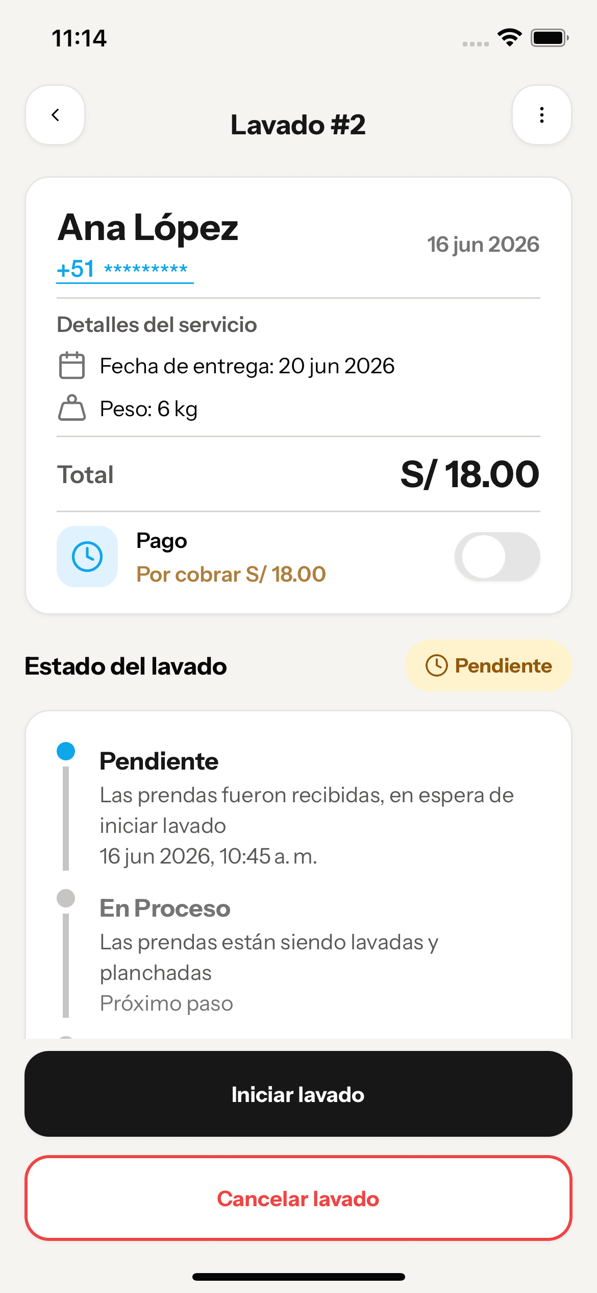 Detalle de un lavado en estado Pendiente con el botón Iniciar lavado