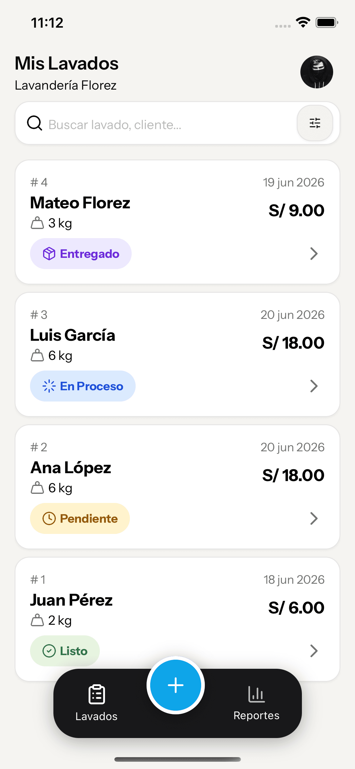 Pantalla Mis Lavados de Burbuja con cuatro lavados y su estado